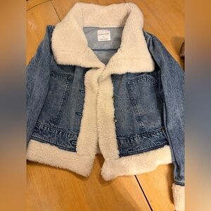 Celebrity Pink Blue Denim Jacket with Sherpa Lining size Large